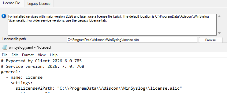 WinSyslog configuration showing optional szLicenseV2Path for the license file