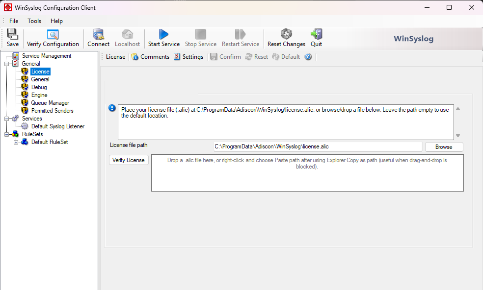 WinSyslog configuration client General License page for applying license.alic
