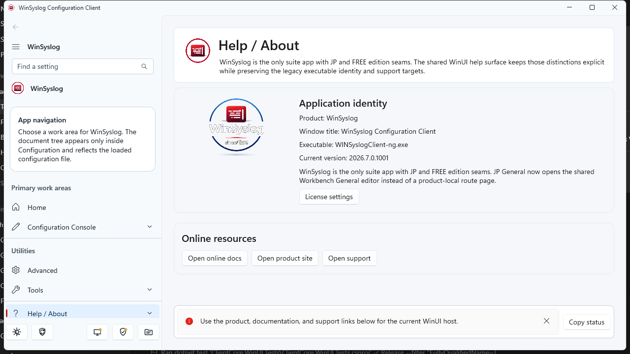 WinSyslog next-generation Configuration Client Preview About dialog