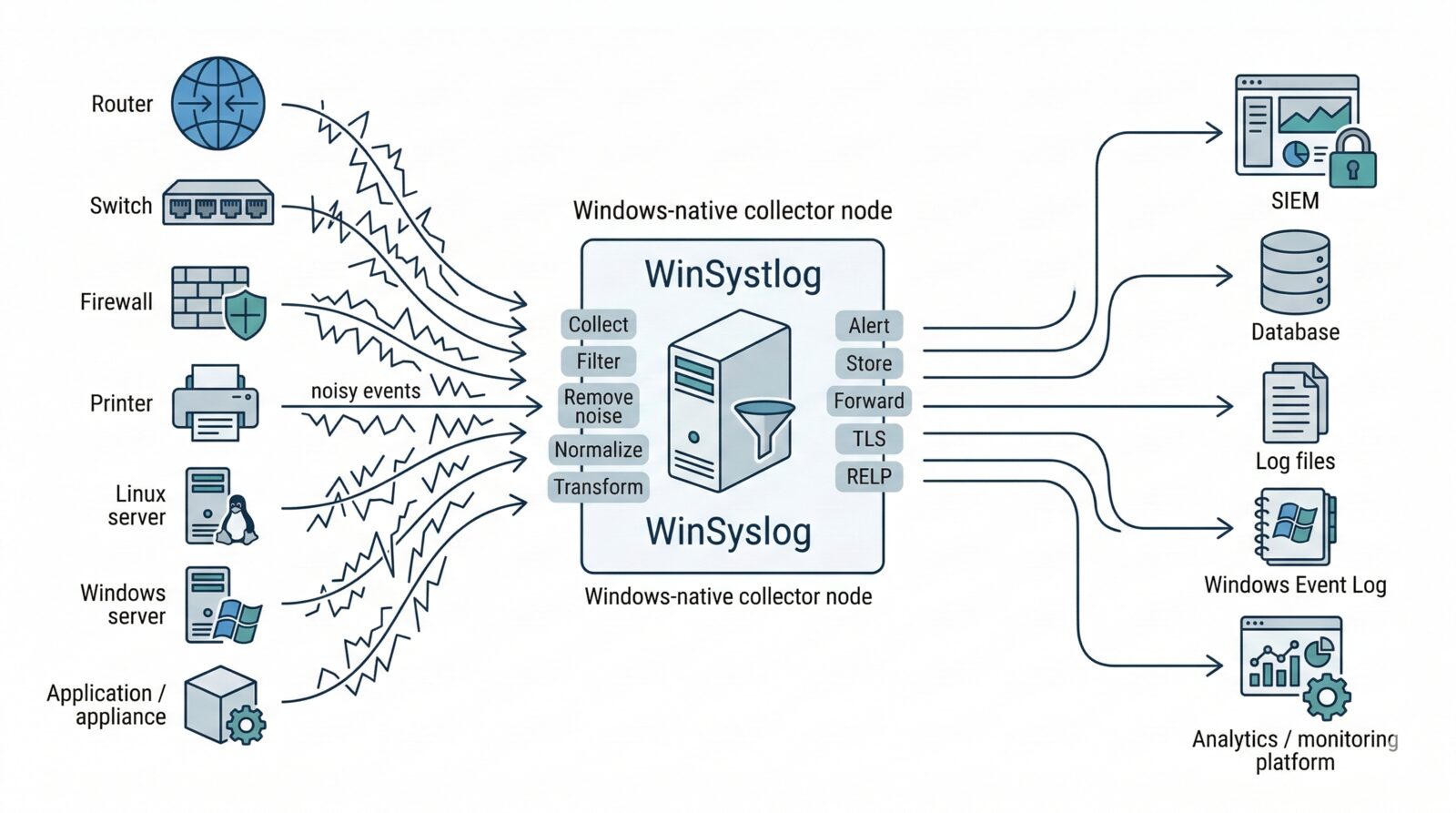 WinSyslog as a Windows edge collector that receives noisy log streams, filters and normalizes them, and forwards cleaner events to downstream systems